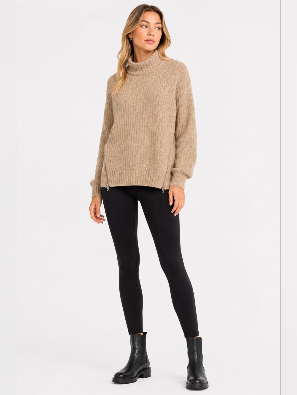 Abercrombie & Fitch Size S Taupe Ribbed Wool Blend Turtleneck Sweater Side Zips